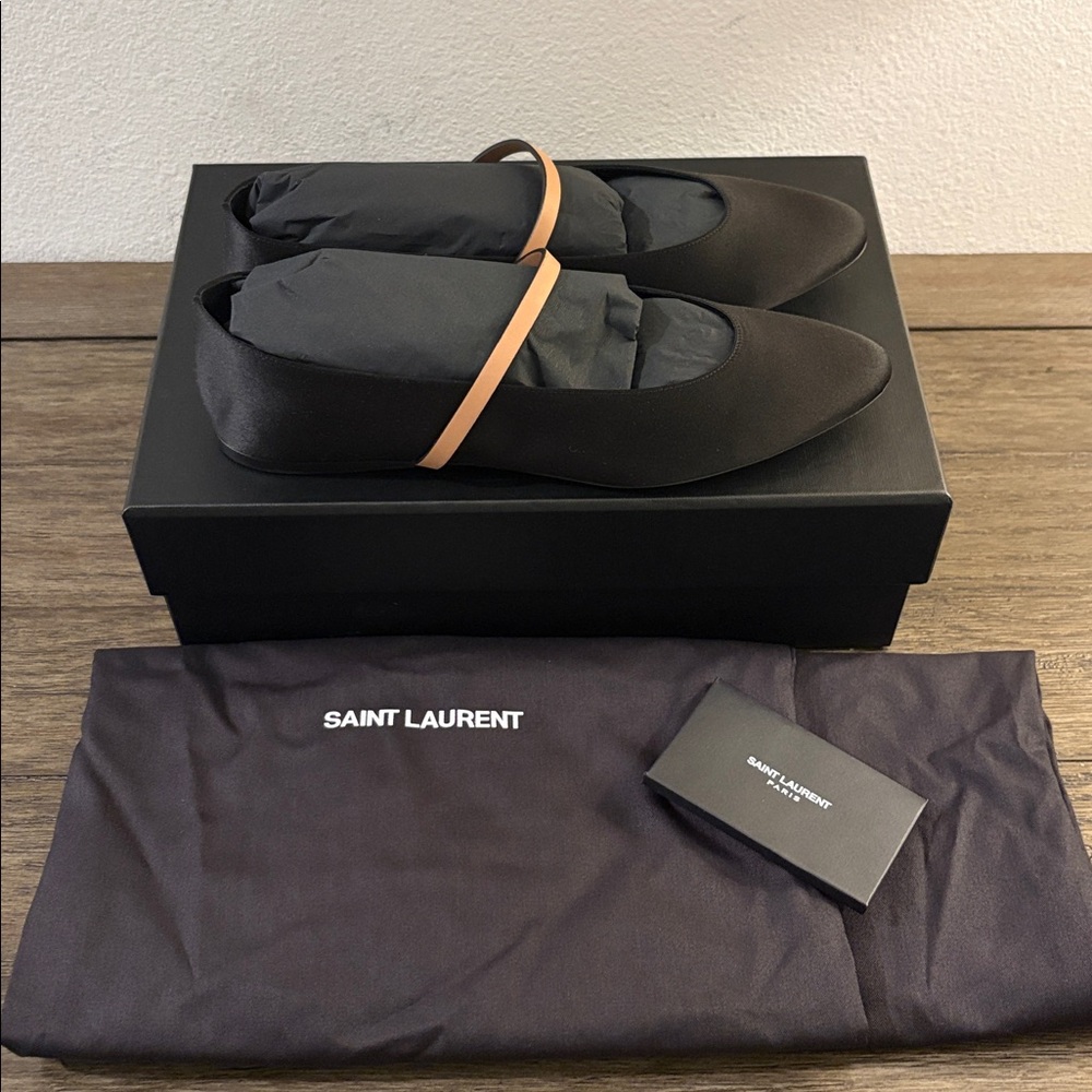 NIB [Saint Laurent] Ballerina Black Satin & Leather Flats Women's EU 39 / US 9 - Picture 7 of 16